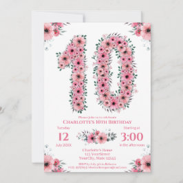 大10誕生日緑葉少女ピンクの花 招待状