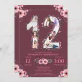 大12誕生日ガールフォトコラージピンクフラワー 招待状 (正面/裏面)