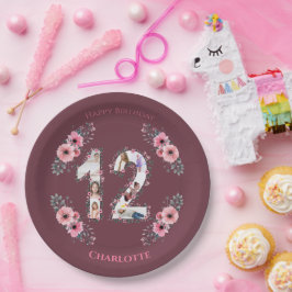 大12誕生日フォトコラージガールピンクの花 ペーパープレート