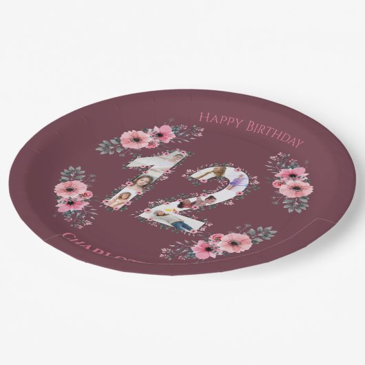 大12誕生日フォトコラージガールピンクの花 ペーパープレート (アングル)