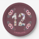 大12誕生日フォトコラージガールピンクの花 ペーパープレート (正面)