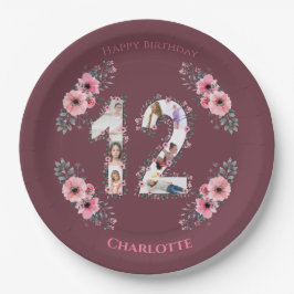 大12誕生日フォトコラージガールピンクの花 ペーパープレート