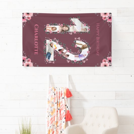 大12誕生日フォトコラージピンクフラワーガール 横断幕 (インサイチュ)