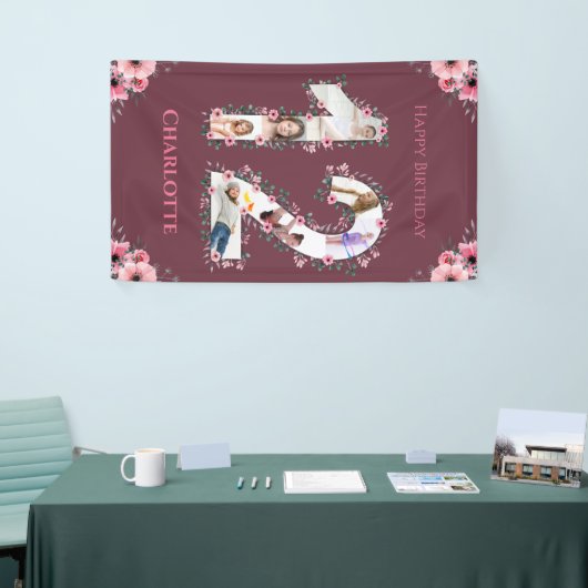 大12誕生日フォトコラージピンクフラワーガール 横断幕 (トレードショー)