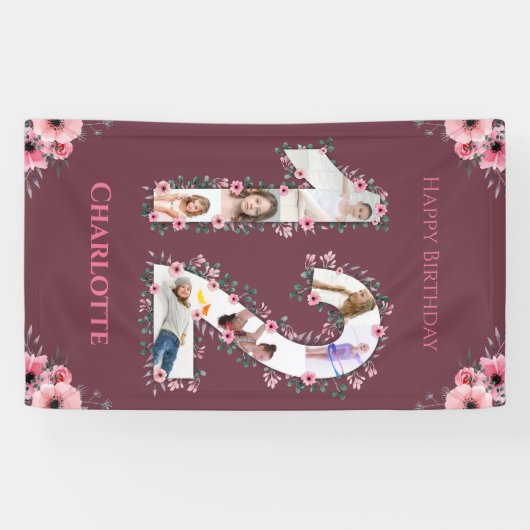 大12誕生日フォトコラージピンクフラワーガール 横断幕 (横)
