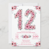 大12誕生日緑葉少女ピンクの花 招待状 (正面)