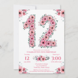 大12誕生日緑葉少女ピンクの花 招待状
