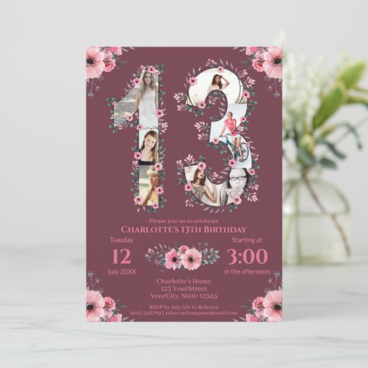 大13誕生日ガールフォトコラージピンクフラワー 招待状 (スタンド正面)