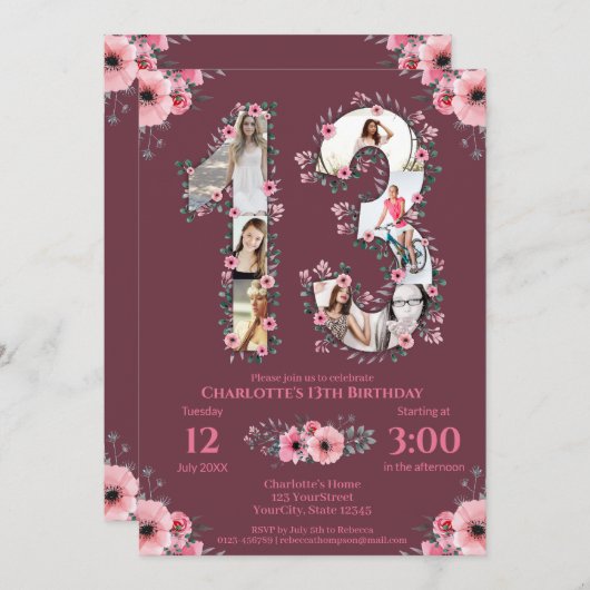 大13誕生日ガールフォトコラージピンクフラワー 招待状 (正面/裏面)