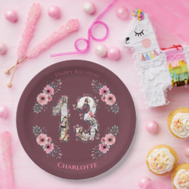 大13誕生日フォトコラージガールピンク花 ペーパープレート