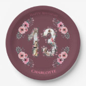 大13誕生日フォトコラージガールピンク花 ペーパープレート (正面)