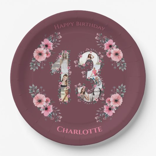 大13誕生日フォトコラージガールピンク花 ペーパープレート (正面)