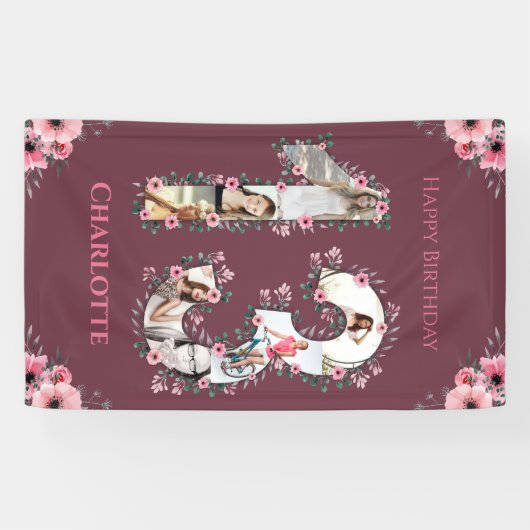 大13誕生日フォトコラージピンクフラワーガール 横断幕 (横)