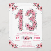 大13誕生日緑葉少女ピンクの花 招待状 (正面/裏面)