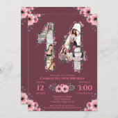 大14誕生日ガールフォトコラージピンクフラワー 招待状 (正面/裏面)