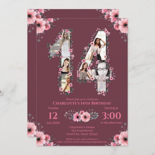 大14誕生日ガールフォトコラージピンクフラワー 招待状 (正面/裏面)
