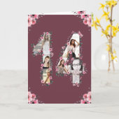 大14誕生日フォトコラージガールピンクの花 カード (黄色い花)