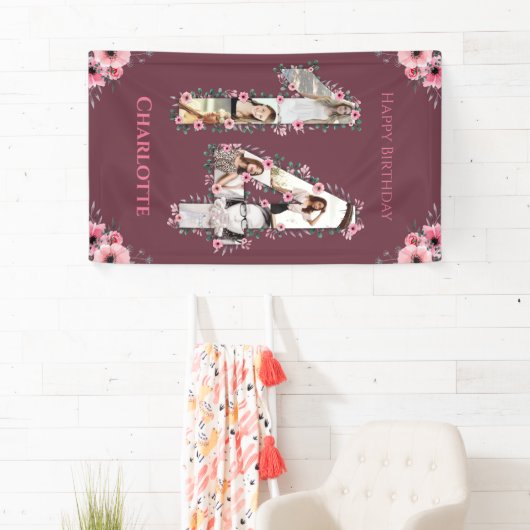 大14誕生日フォトコラージピンクフラワーガール 横断幕 (インサイチュ)