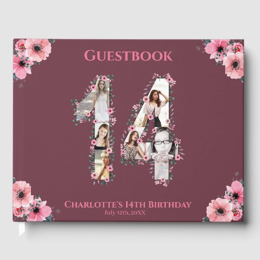 大14誕生日フォトコラージフラワーガールピンク ゲストブック (正面)