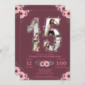 大15誕生日ガールフォトコラージピンクフラワー 招待状 (正面/裏面)