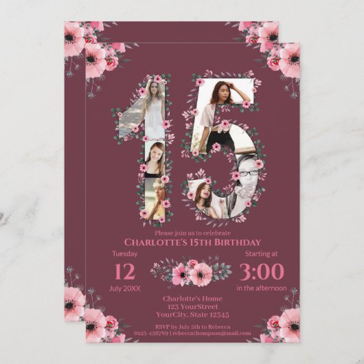 大15誕生日ガールフォトコラージピンクフラワー 招待状 (正面/裏面)