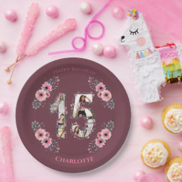 大15誕生日フォトコラージガールピンク花 ペーパープレート