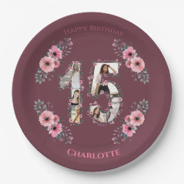 大15誕生日フォトコラージガールピンク花 ペーパープレート