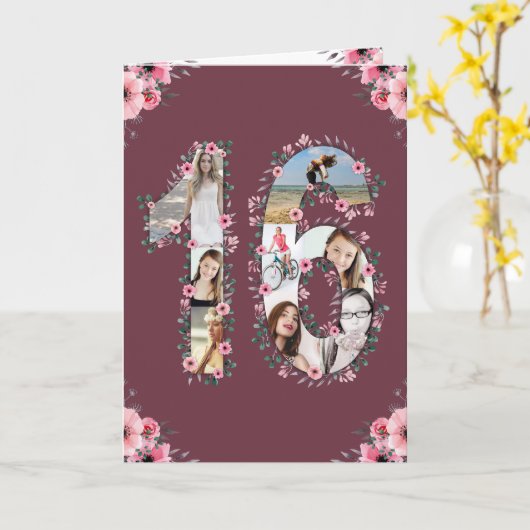 大16誕生日フォトコラージガールピンクの花 カード (黄色い花)