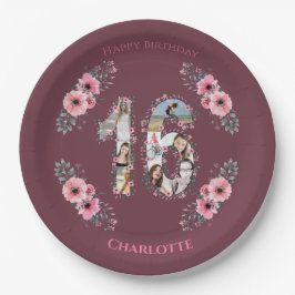 大16誕生日フォトコラージガールピンクの花 ペーパープレート