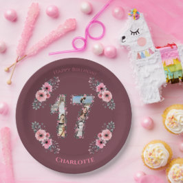 大17誕生日フォトコラージガールピンクの花 ペーパープレート