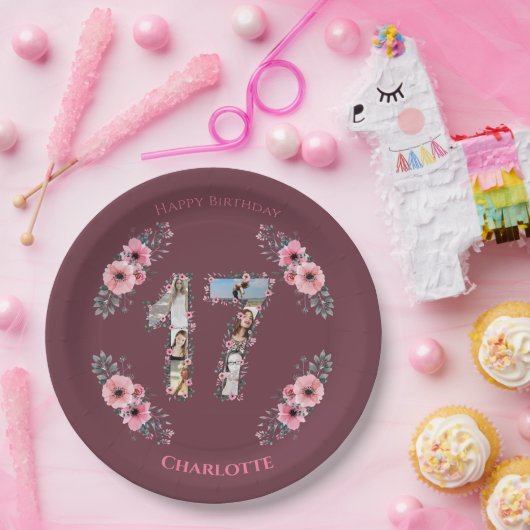 大17誕生日フォトコラージガールピンクの花 ペーパープレート (パーティー)