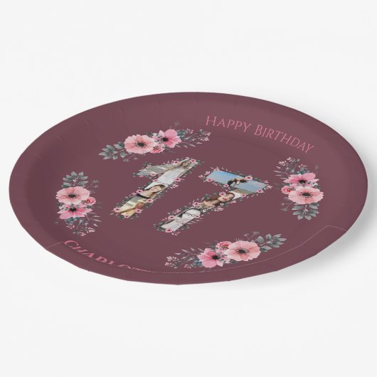 大17誕生日フォトコラージガールピンクの花 ペーパープレート (アングル)