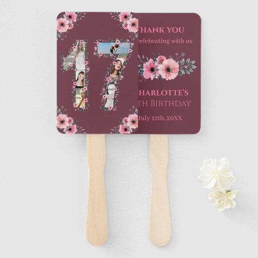 大17誕生日フォトコラージピンクガールフラワー ハンドファン (正面&裏面)