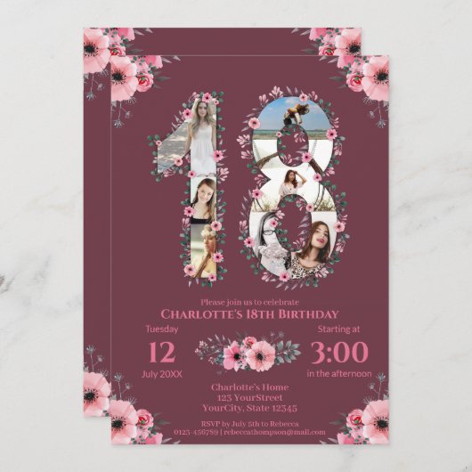 大18誕生日ガールフォトコラージピンクフラワー 招待状 (正面/裏面)