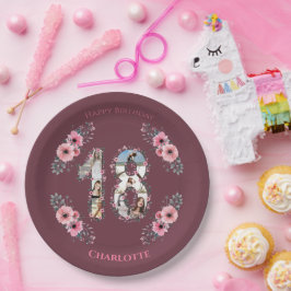 大18誕生日フォトコラージガールピンクの花 ペーパープレート