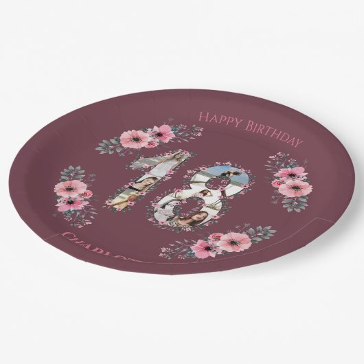 大18誕生日フォトコラージガールピンクの花 ペーパープレート (アングル)