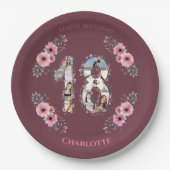 大18誕生日フォトコラージガールピンクの花 ペーパープレート (正面)