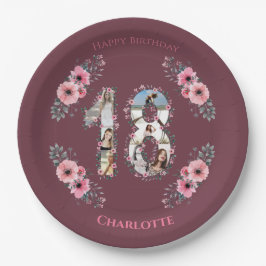 大18誕生日フォトコラージガールピンクの花 ペーパープレート