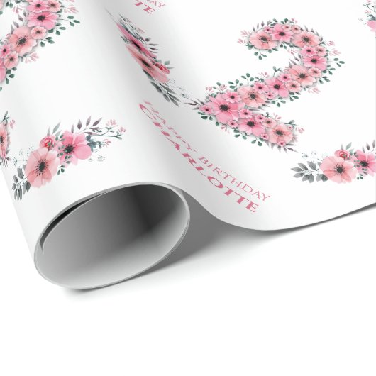 大2回目の誕生日の緑の葉少女ピンクの花 ラッピングペーパー (ロールコーナー)
