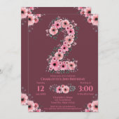 大2回目の誕生日ピンクの花ガールグリーンの葉 招待状 (正面/裏面)