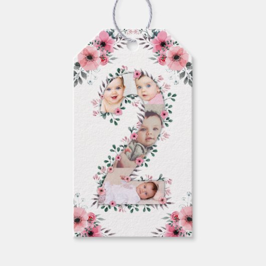 大2歳の誕生日の女の子フォトコラージュピンクの花 ギフトタグ (正面)
