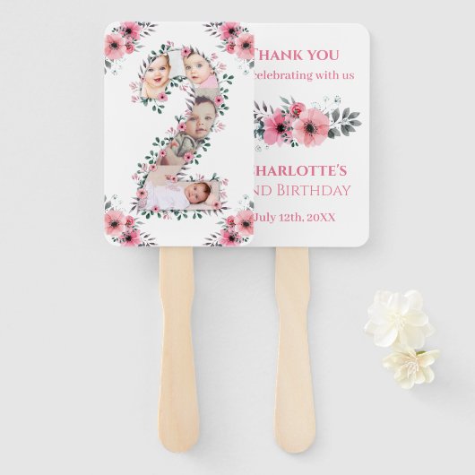 大2歳の誕生日の女の子フォトコラージュピンクの花 ハンドファン (正面&裏面)