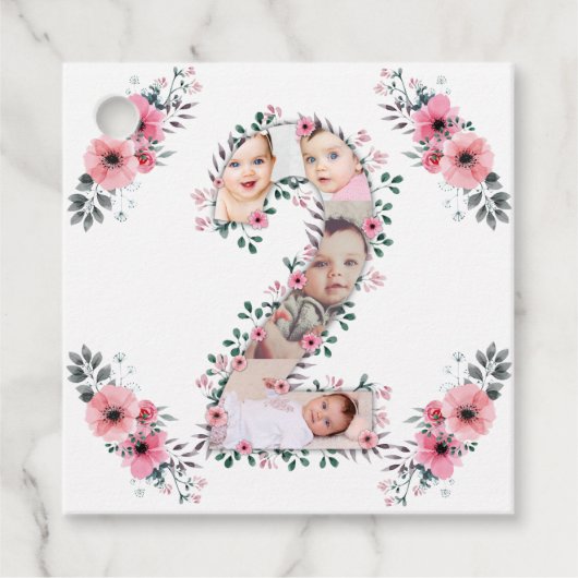 大2歳の誕生日の女の子フォトコラージュピンクの花 フェイバータグ (正面)