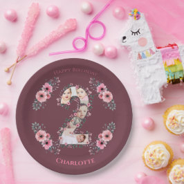 大2歳の誕生日の女の子フォトコラージュピンクの花 ペーパープレート