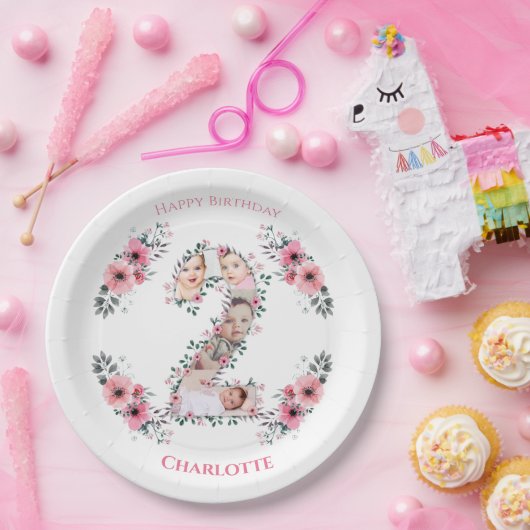 大2歳の誕生日の女の子フォトコラージュピンクの花 ペーパープレート (パーティー)