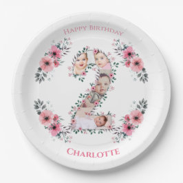 大2歳の誕生日の女の子フォトコラージュピンクの花 ペーパープレート