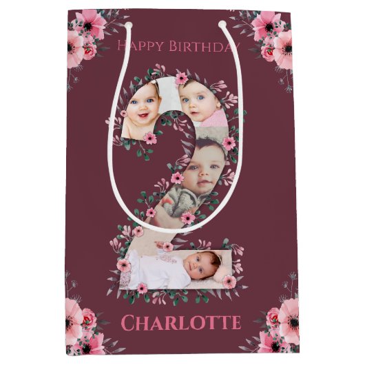 大2歳の誕生日の女の子フォトコラージュピンクの花 ミディアムペーパーバッグ (正面)