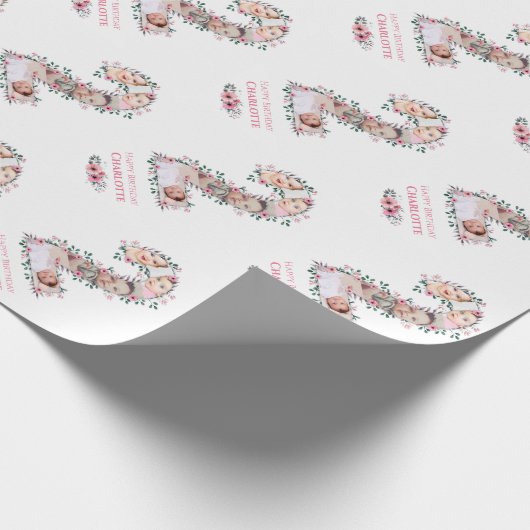 大2歳の誕生日の女の子フォトコラージュピンクの花 ラッピングペーパー (角)