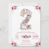 大2歳の誕生日の女の子フォトコラージュピンクの花 招待状 (正面)