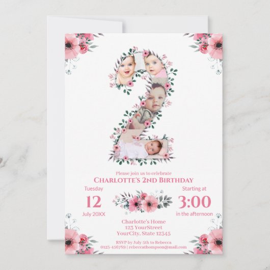 大2歳の誕生日の女の子フォトコラージュピンクの花 招待状 (正面)
